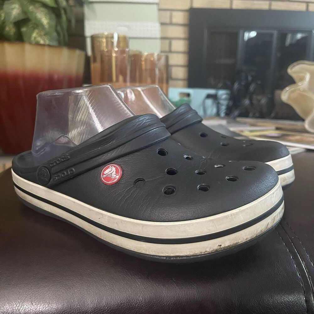 Crocs Crocband Slip-On Slides Clogs Black White Trim Women 7 Men 5 Comfort Class